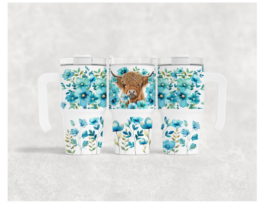 Highland Cow in Blue Flowers 20 oz. Travel Mug